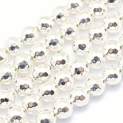 Silver Plated Electroplate Non-magnetic Synthetic Hematite Beads Strands, Grade AAA, Long-Lasting Plated, Faceted, Round, Silver Plated, 8mm, Hole: 1mm, about 53pcs/strand, 15.7 inch(40cm)