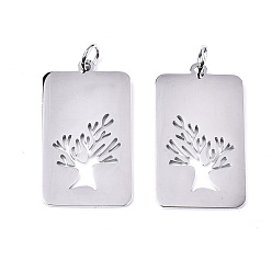 Stainless Steel Color 304 Stainless Steel Pendants, Laser Cut, with Jump Rings, Rectangle with Tree of Life, Stainless Steel Color, 26.5x15x1mm, Jump Ring: 5x0.8mm, 3.4mm inner diameter