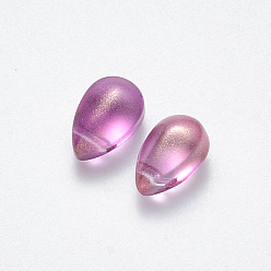 Violet Transparent Spray Painted Glass Charms, with Glitter Powder, Teardrop, Violet, 9x6x6mm, Hole: 1mm