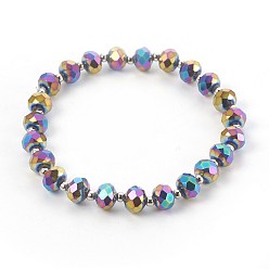 Multi-color Plated Electroplate Glass Stretch Bracelets, with Brass Spacer Beads, Round, Multi-color Plated, 2-1/8 inch(5.3cm)