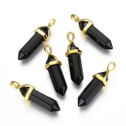 Obsidienne Pendentifs pointus à double extrémité en forme de balle d'obsidienne noire naturelle, avec pendentif en alliage aléatoire de ton doré, 37~40x12.5x10mm, Trou: 3x4.5mm