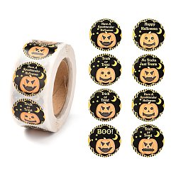 Black Halloween Self-Adhesive Paper Gift Tag Stickers, Flat Round with Pumpkin, Black, 2.5cm, about 500pcs/roll
