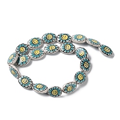 Turquoise Handmade Porcelain Beads, Famille Rose Porcelain, Oval with Flower, Turquoise, 19x14~16x5~6mm, Hole: 1.2mm