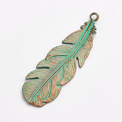 Antique Bronze & Green Patina Tibetan Style Alloy Pendants, Feather, Antique Bronze & Green Patina, 57x18x1.5mm, Hole: 2.5mm