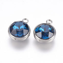 Dodger Blue K9 Glass Rhinestone Pendants, September Birthstone Charms, with 304 Stainless Steel Findings, Flat Round, Dodger Blue, 18x14x9mm, Hole: 2.5mm