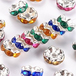 Mixed Color Brass Acrylic Rhinestone Spacer Beads, Wavy Edge, Silver Color Plated, Rondelle, Mixed Color, 8x3.8mm, Hole: 1mm