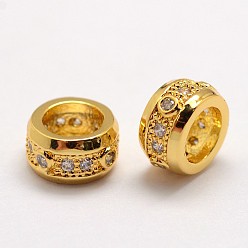 Doré  Micro cuivres ouvrent zircone cubique perles européennes, rondelle, Perles avec un grand trou   , sans plomb et sans nickel, or, 8x4.5mm, Trou: 5mm