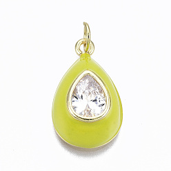 Yellow Brass Clear Cubic Zirconia Pendants, with Enamel and Jump Rings, Cadmium Free & Nickel Free & Lead Free, Real 16K Gold Plated, Teardrop, Yellow, 19.5x12x7mm, Jump Ring: 4.8x0.6mm, 3.6mm inner diameter