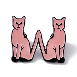 Letter W Pin de esmalte de letra inicial de gato, Broche de dibujos animados de aleación negra de electroforesis para ropa de mochila, carta.w, 30x35x2 mm, pin: 1.2 mm