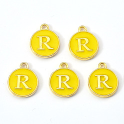 Letter R Golden Plated Alloy Enamel Charms, Enamelled Sequins, Flat Round with Letter, Gold, Letter.R, 14x12x2mm, Hole: 1.5mm