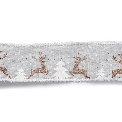 Light Grey Christmas Theme Wired Linen Ribbon, Fuzzy Edged Ribbon, Deer & Christmas Tree Print, Light Grey, 2-1/2 inch(65mm), about 10.94 Yards(10m)/Roll
