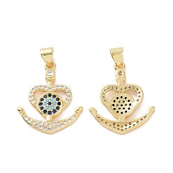 Golden Brass Micro Pave Cubic Zirconia Pendants, Heart Shape Anchor with Evil Eye Charm, Golden, 28x20x2mm, Hole: 5x3mm