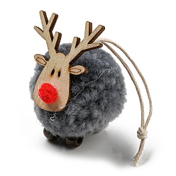 Gray Christmas Themed Plush & Wood Deer Ball Pendant Decoration, Jute Rope Hanging Ornament, Gray, 108mm