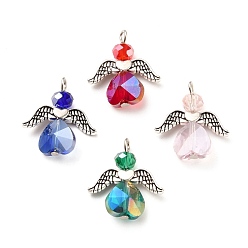 Mixed Color Electroplate Glass Pendants, with Wing Alloy Beads and Iron Findings, Angel, Antique Silver & Platinum, Mixed Color, 22~23x20x6~7mm, Hole: 2mm