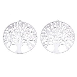 Stainless Steel Color 201 Stainless Steel Filigree Pendants, Etched Metal Embellishments, Flat Round with Tree of Life, Stainless Steel Color, 47x45x0.3mm, Hole: 1.4mm