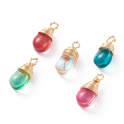 Mixed Color Transparent Glass Pendants, with Copper Wire Wrapped Pendants, Teardrop, Real 18K Gold Plated, Mixed Color, 13.5x6x5mm, Hole: 1.5mm