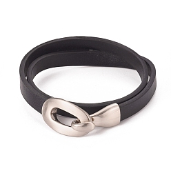 Black Imitation Leather Wrap Bracelets, 2-Loops, with Alloy Clasps, Oval, Platinum, Black, 15-1/8 inch(38.7cm), 8x2.5mm