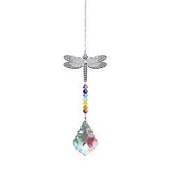 Leaf Crystals Chandelier Suncatchers Prisms Chakra Hanging Pendant, with Iron Cable Chains, Glass Beads and Dragonfly Brass Pendant, Leaf Pattern, 350mm, Maple Leaf: 50x35mm, Dragonfly: 45x60mm