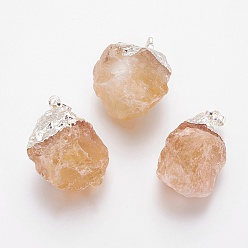 Citrine Natural Citrine Pendants, with Brass Findings, Nuggets, Silver Color Plated, 30.5~38x20~30x14~21.5mm, Hole: 5x8mm