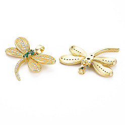 Real 18K Gold Plated Brass Micro Pave Green Cubic Zirconia Pendants, Nickel Free, Autumn Pendants, Dragonfly, Real 18K Gold Plated, 24.5x30.5x4mm, Hole: 3.5x6mm