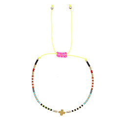 Jaune Bracelet de perles tressées en croix et graines de verre, bracelet réglable, jaune, pas de taille