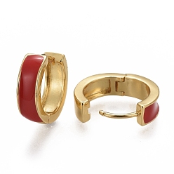 Dark Red Brass Huggie Hoop Earrings, with Enamel, Long-Lasting Plated, Real 18K Gold Plated, Ring, Dark Red, 13x4mm, Pin: 1mm