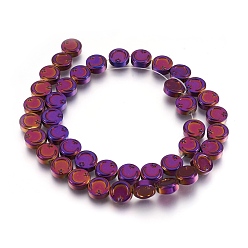 Purple Plated Electroplate Non-magnetic Synthetic Hematite Bead Strands, Flat Round with Moon & Star, Purple Plated, 9.5~10x4mm, Hole: 1mm, about 40~41pcs/strand, 15.3 inch~15.7 inch(39~40cm)