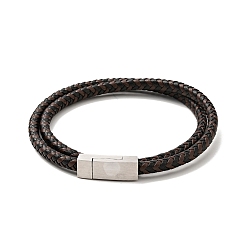Coconut Brown Microfiber Leather Braided Double Loops Wrap Bracelet with 304 Stainless Steel Magnetic Clasp for Men Women, Coconut Brown, 16-3/4 inch(42.5cm)