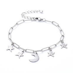 Stainless Steel Color 304 Stainless Steel Charm Bracelets, with Paperclip Chains, Lobster Claw Clasps and Brass Rhinestone Pendants, Moon & Star, Stainless Steel Color, 8 inch(20.3cm)