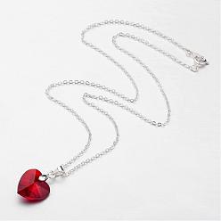 Red Glass Pendants Necklaces, with Brass Chains, Faceted Heart, Silver Color Plated, Red, 17.7 inch