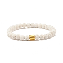 Blanc Bracelet extensible en perles rondes en pierre de lave naturelle (teinte) avec colonne d'hématite synthétique, Diffuseur d'huile bijoux en pierre de puissance pour les femmes, blanc, diamètre intérieur: 2 pouce (5.2 cm)