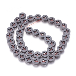 Non-magnetic Hematite Non-magnetic Synthetic Hematite Bead Strands, Frosted, Flat Round with Cross, 10~10.5x3mm, Hole: 1mm, about 39pcs/strand, 15.7 inch(40cm)