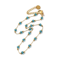 Sky Blue Glass Round Beaded Link Chain Necklace, Golden 304 Stainless Steel Jewelry for Women, Sky Blue, 9.84 inch(25cm), Extension Chain: 4.5cm