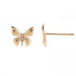 Real 18K Gold Plated Brass Micro Pave Clear Cubic Zirconia Stud Earrings Findings, Nickel Free, Butterfly, Real 18K Gold Plated, 8x9mm, Hole: 0.8mm, Pin: 0.7mm