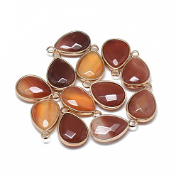 Carnelian Dyed Natural Carnelian Pendants, with Golden Tone Brass Findings, Faceted, teardrop, 23x14~15x6~7mm, Hole: 2mm