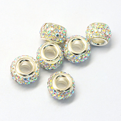 Crystal AB Alloy Glass Rhinestone European Beads, Large Hole Beads, Rondelle, Silver Color Plated, Crystal AB, 12.5x8mm, Hole: 5mm