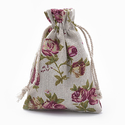 Cordón Viejo Bolsas de embalaje de poliéster (algodón poliéster) Bolsas con cordón, con flor impresa, encaje antiguo, 14x10 cm