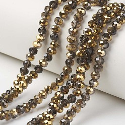 Brun De Noix De Coco Plaquent verre transparent perles brins, la moitié plaqué or, facette, rondelle, brun coco, 3x2mm, Trou: 0.8mm, Environ 150~155 pcs/chapelet, 15~16 pouce (38~40 cm)