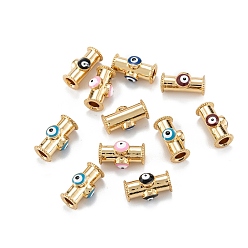 Mixed Color Real 18K Gold Plated Brass Tube Beads, with Enamel, Column with Evil Eye
, Mixed Color, 15x8.5x7mm, Hole: 3.5mm