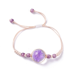Blue Violet Handmade Dry Pressed Flower Link Bracelet for Girl Women, Babysbreath Glass Cover Beads Adjustable Bracelet, Blue Violet, Inner Diameter: 5/8~ 3-1/8 inch(1.5~7.9cm)