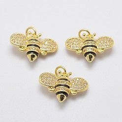 Golden Brass Cubic Zirconia Pendants, with Enamel, Bees, Lead Free & Nickel Free & Cadmium Free, Golden, 14x19x5mm, Hole: 3mm