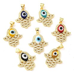 Mixed Color Brass Cubic Zirconia Pendants, with Lampwork, Real 18K Gold Plated, Hamsa Charm, Mixed Color, 24x20.5x4mm, Hole: 5x3.5mm