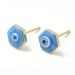 Bleu Ciel Foncé Hexagone en émail avec clous d'oreilles mauvais œil, bijoux en laiton plaqué or véritable 18k pour femmes, bleu profond du ciel, 8x9mm, pin: 0.8 mm