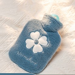 Steel Blue PVC Hot Water Bottles with with Soft Fluffy Cover, Hot Water Bag, Clover Pattern, Steel Blue, 215x140mm, Capacity: 500ml(16.91 fl. oz)