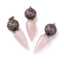 Rose Quartz Natural Rose Quartz Big Pendants, Cone Charms with Rack Plating Brass Hollow Ball, Red Copper, Cadmium Free & Lead Free, 57~58x17.5~18mm, Hole: 8x5mm
