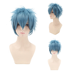 High Temperature Fiber Short Blue Anime Cosplay Wigs, Synthetic Hero Wigs for Makeup Costume, with Bang, 11.8 inch(30cm)