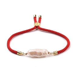 Red Adjustable Nylon Twisted Cord Slider Bracelets, Link Bracelets, with Natural Baroque Pearl Keshi Pearl Beads and Tree of Life Brass Beads, Red, Inner Diameter: 2-1/2 inch(6.5cm)