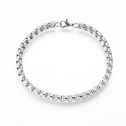Stainless Steel Color 304 Stainless Steel Box Chain Bracelets, with Lobster Claw Clasps, Stainless Steel Color, 8-1/2 inch(21.7cm), 5mm