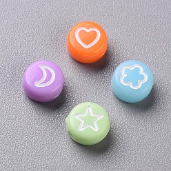 Mixed Color Opaque Acrylic Beads, Flat Round with White Heart & Flower & Moon & Star, Mixed Color, 7x4mm, Hole: 1.6mm