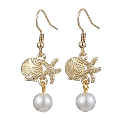 Oro Pendientes colgantes de aleación con forma de estrella de mar y concha., aretes colgantes con perlas de vidrio, dorado, 40x18 mm